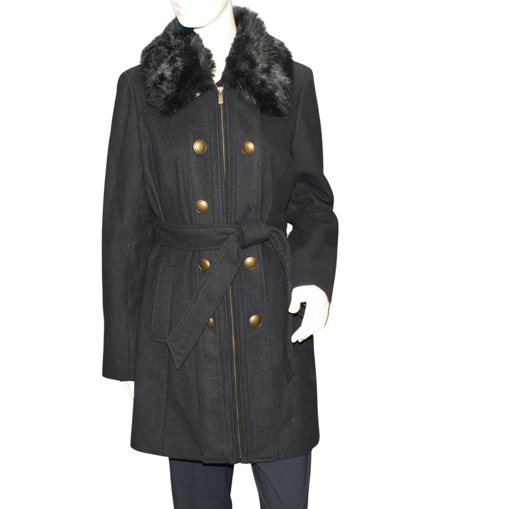 Dennis Basso Black Coat Faux Fur Collar Size Small Extra Button Included Y2K